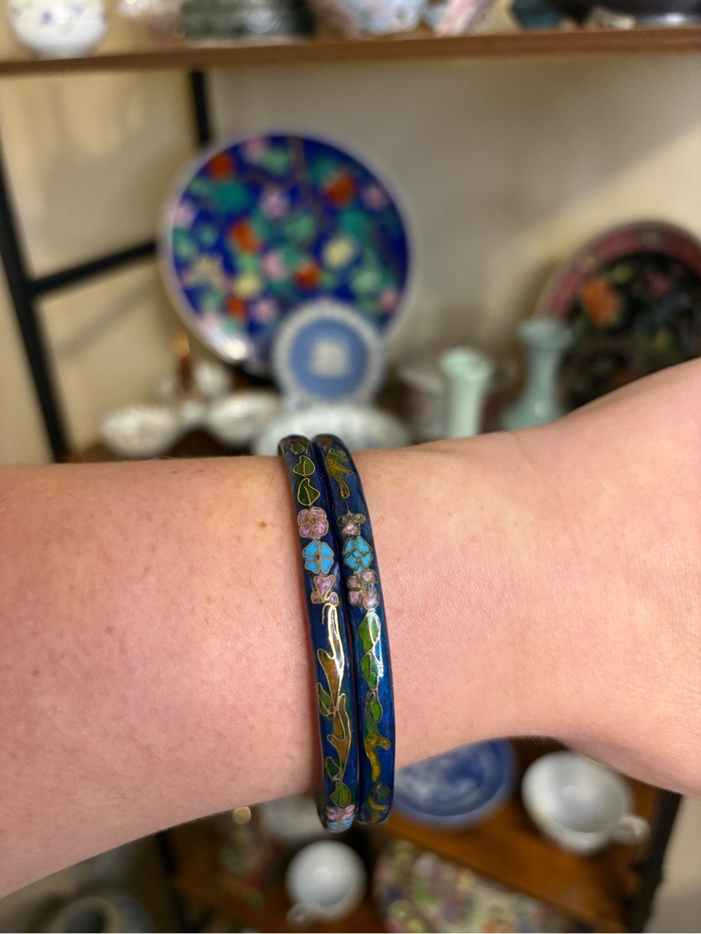 Blue Cloisonné Floral Bangle - PAIR